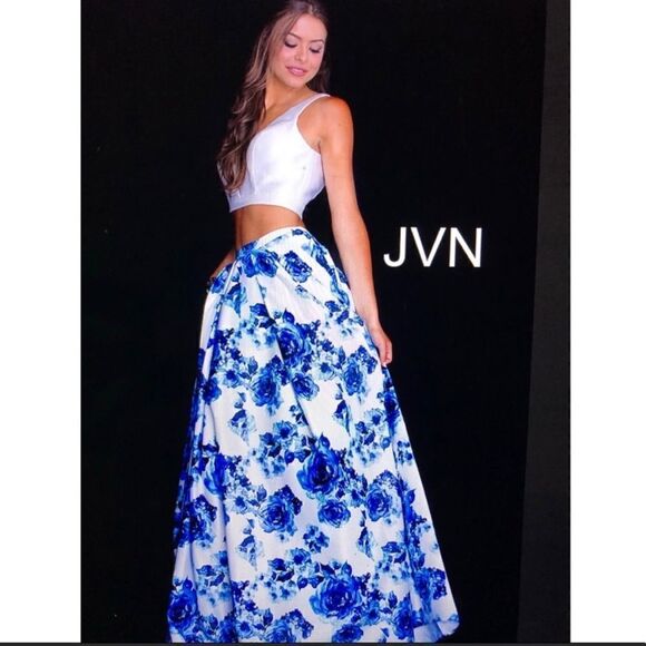 NWT Jovani White Royal Blue Floral Two Piece 2 Event Prom Dress 4 Full Length - Picture 1 of 10